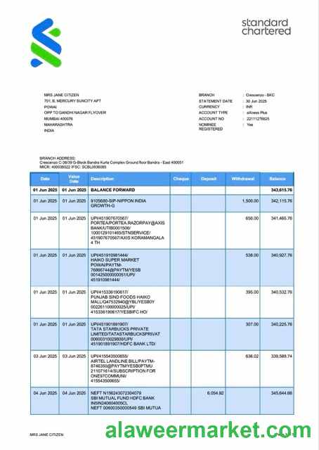 India Standard Chartered Bank account statement Word and PDF template, version 3